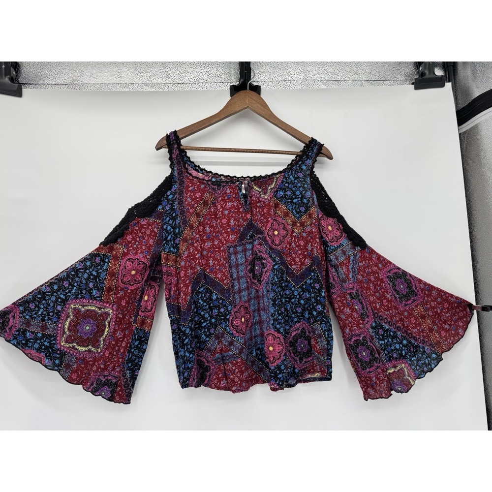 Bila Cold Shoulder XL Floral Crochet Shoulder Trim Bell Sleeve Boho Festival - Picture 2 of 10